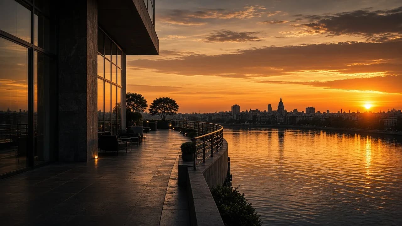 Terraza de Palacio Pampas al atardecer sobre el dique
