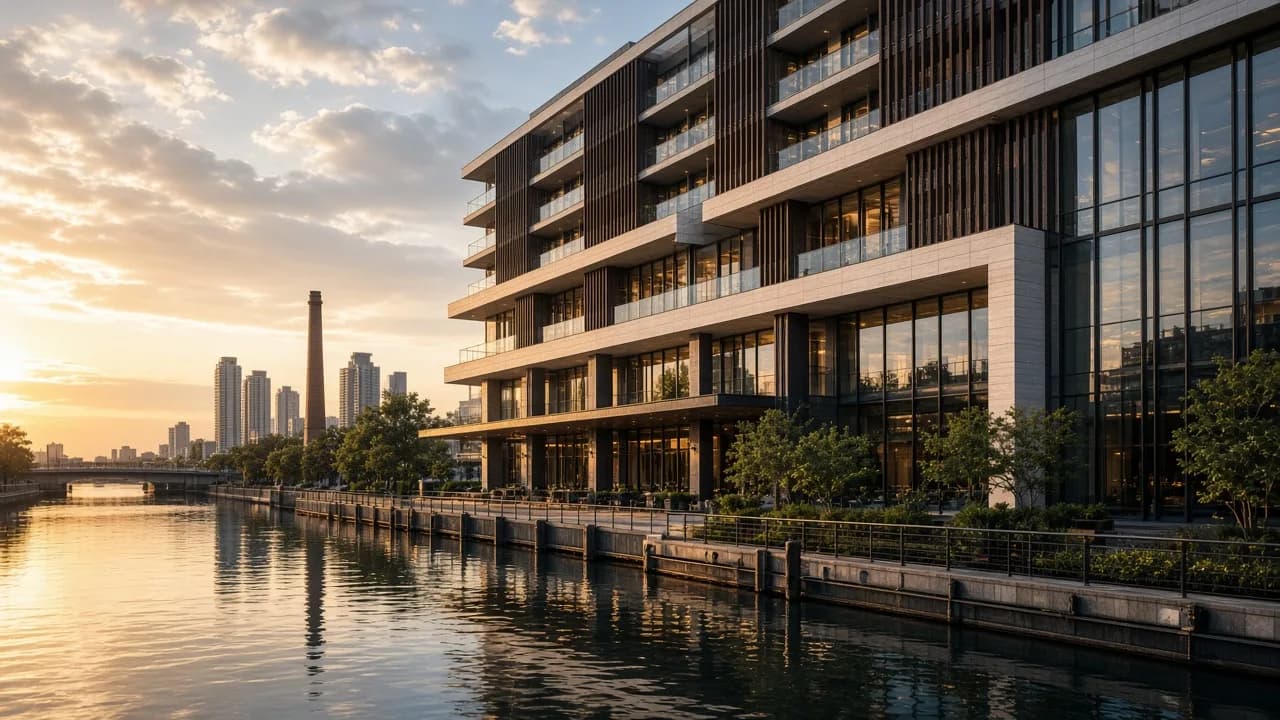 Palacio Pampas: fachada contemporánea frente al agua al atardecer