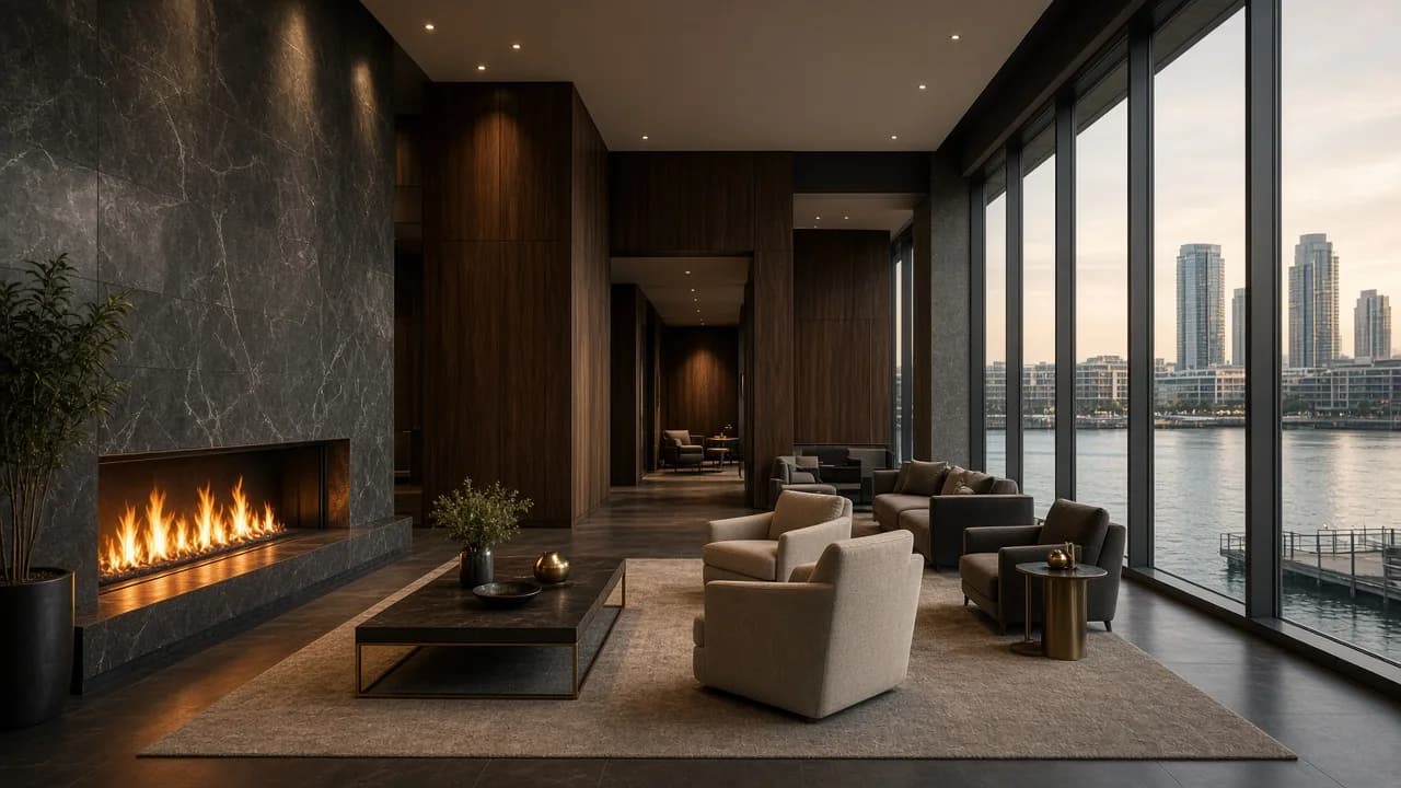 Lobby de Palacio Pampas con piedra carbonizada, madera oscura y luz de chimenea